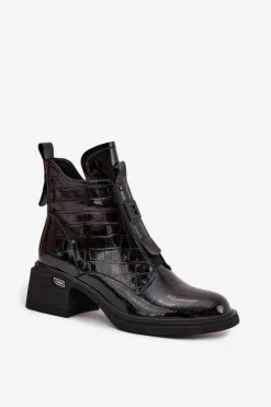 Best Boto Lakierowane Skórzane Botki Damskie Z Tłoczeniem Na Klocku Czarne Lorenza