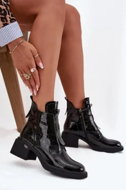 Best Boto Lakierowane Skórzane Botki Damskie Z Tłoczeniem Na Klocku Czarne Lorenza