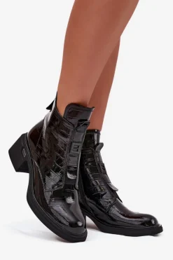 Best Boto Lakierowane Skórzane Botki Damskie Z Tłoczeniem Na Klocku Czarne Lorenza