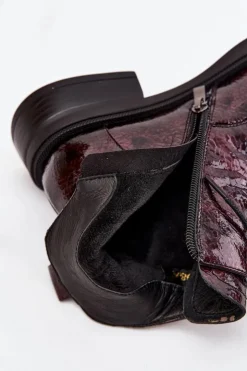 D&A Botki Ocieplane|Czarne Botki*Lakierowane Skórzane Botki Damskie Na Klocku LZ52-954 Bordowe Czerwony