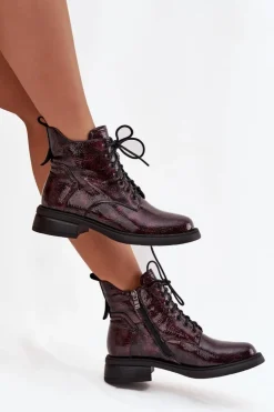 D&A Botki Ocieplane|Czarne Botki*Lakierowane Skórzane Botki Damskie Na Klocku LZ52-954 Bordowe Czerwony