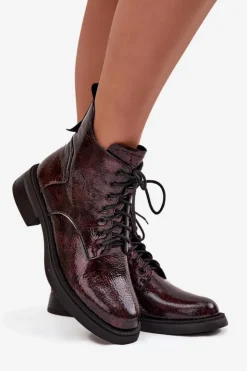 D&A Botki Ocieplane|Czarne Botki*Lakierowane Skórzane Botki Damskie Na Klocku LZ52-954 Bordowe Czerwony