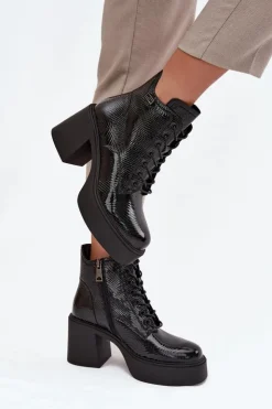 Damskie Buty damskie Vinceza Lakierowane Skórzane Botki Damskie Na Platformie I Słupku Vinceza 66817 Czarne