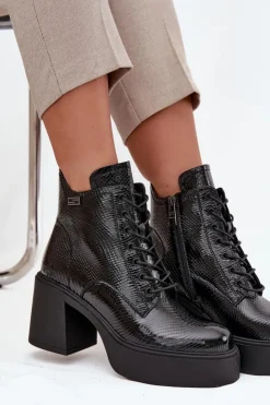Damskie Buty damskie Vinceza Lakierowane Skórzane Botki Damskie Na Platformie I Słupku Vinceza 66817 Czarne