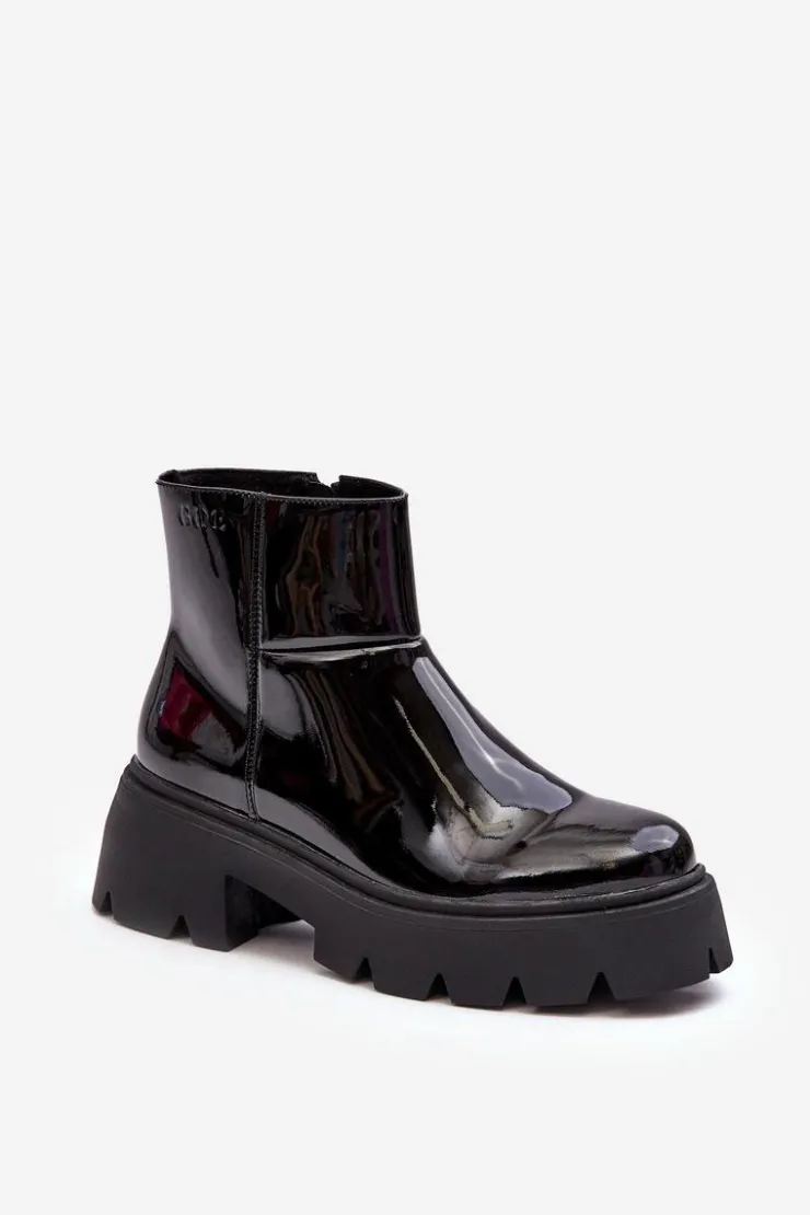 Best GOE Lakierowane Skórzane Botki Damskie MM2N4058 Czarne