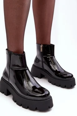 Best GOE Lakierowane Skórzane Botki Damskie MM2N4058 Czarne