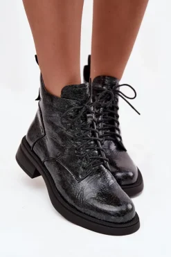 D&A Botki Ocieplane|Czarne Botki*Lakierowane Skórzane Botki Damskie Na Klocku LZ52-954 Granatowe Niebieski