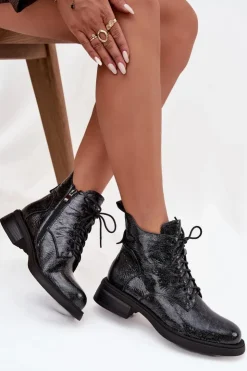 D&A Botki Ocieplane|Czarne Botki*Lakierowane Skórzane Botki Damskie Na Klocku LZ52-954 Granatowe Niebieski