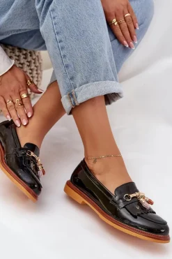 Hot Damskie buty S.Barski Lakierowane Skórzane Eleganckie Mokasyny Na Płaskim Obcasie S.Barski LR51-768A Czarne