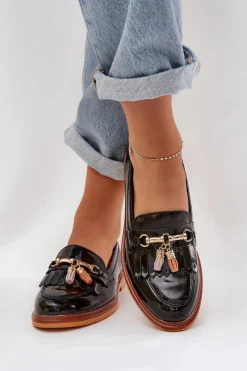 Hot Damskie buty S.Barski Lakierowane Skórzane Eleganckie Mokasyny Na Płaskim Obcasie S.Barski LR51-768A Czarne