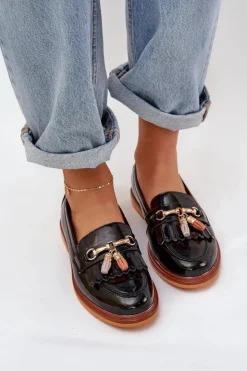 Hot Damskie buty S.Barski Lakierowane Skórzane Eleganckie Mokasyny Na Płaskim Obcasie S.Barski LR51-768A Czarne