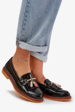 Hot Damskie buty S.Barski Lakierowane Skórzane Eleganckie Mokasyny Na Płaskim Obcasie S.Barski LR51-768A Czarne