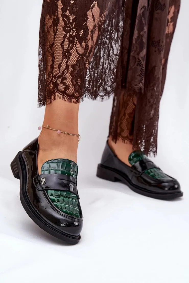 Clearance Buty damskie Vinceza Lakierowane Skórzane Mokasyny Damskie Vinceza 91125 Zielono-Czarne