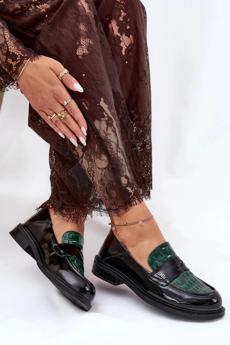 Clearance Buty damskie Vinceza Lakierowane Skórzane Mokasyny Damskie Vinceza 91125 Zielono-Czarne