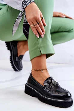 Damskie Damskie buty S.Barski Lakierowane Skórzane Półbuty Z Ozdobą Czarne Adison