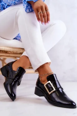 Hot Boto Lakierowane Skórzane Półbuty Ze Sprzączką Czarne Taliya