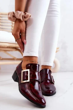 Clearance Boto Lakierowane Skórzane Półbuty Ze Sprzączką Bordowe Taliya