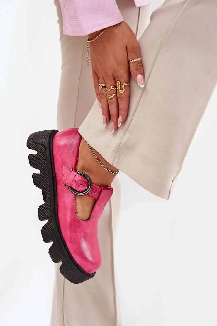 Zazoo Półbuty Skórzane*Lakierowane Skórzane Półbuty Z Klamrą 20183 Fuksja Różowy