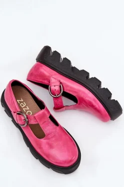 Zazoo Półbuty Skórzane*Lakierowane Skórzane Półbuty Z Klamrą 20183 Fuksja Różowy