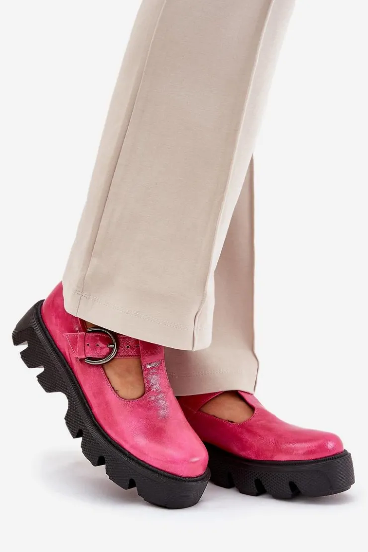 Zazoo Półbuty Skórzane*Lakierowane Skórzane Półbuty Z Klamrą 20183 Fuksja Różowy