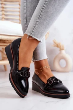 Buty damskie Vinceza Półbuty Lakierowane*Lakierowane Skórzane Półbuty Na Koturnie Czarne Melodie