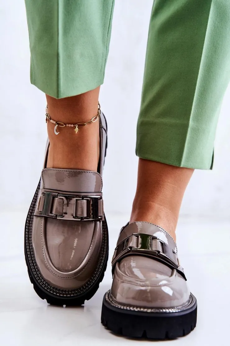 Damskie buty S.Barski Lakierowane Skórzane Półbuty Szare Corine