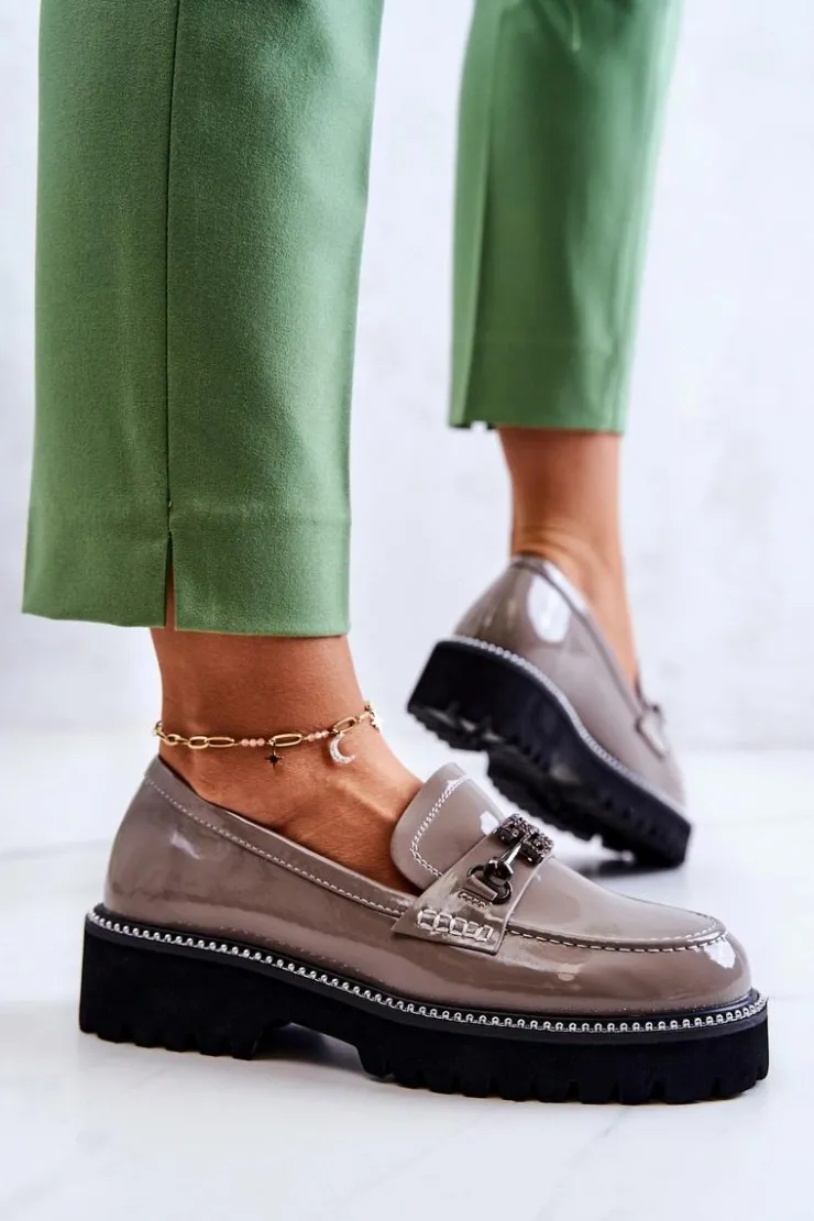 Hot Damskie buty S.Barski Lakierowane Skórzane Półbuty Z Ozdobą Jasnobrązowe Adison