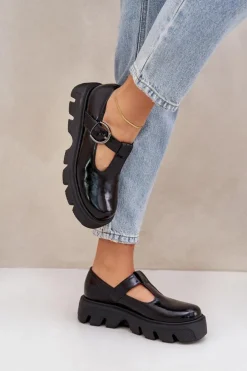 Damskie Zazoo Lakierowane Skórzane Półbuty Z Klamrą 20183 Czarne