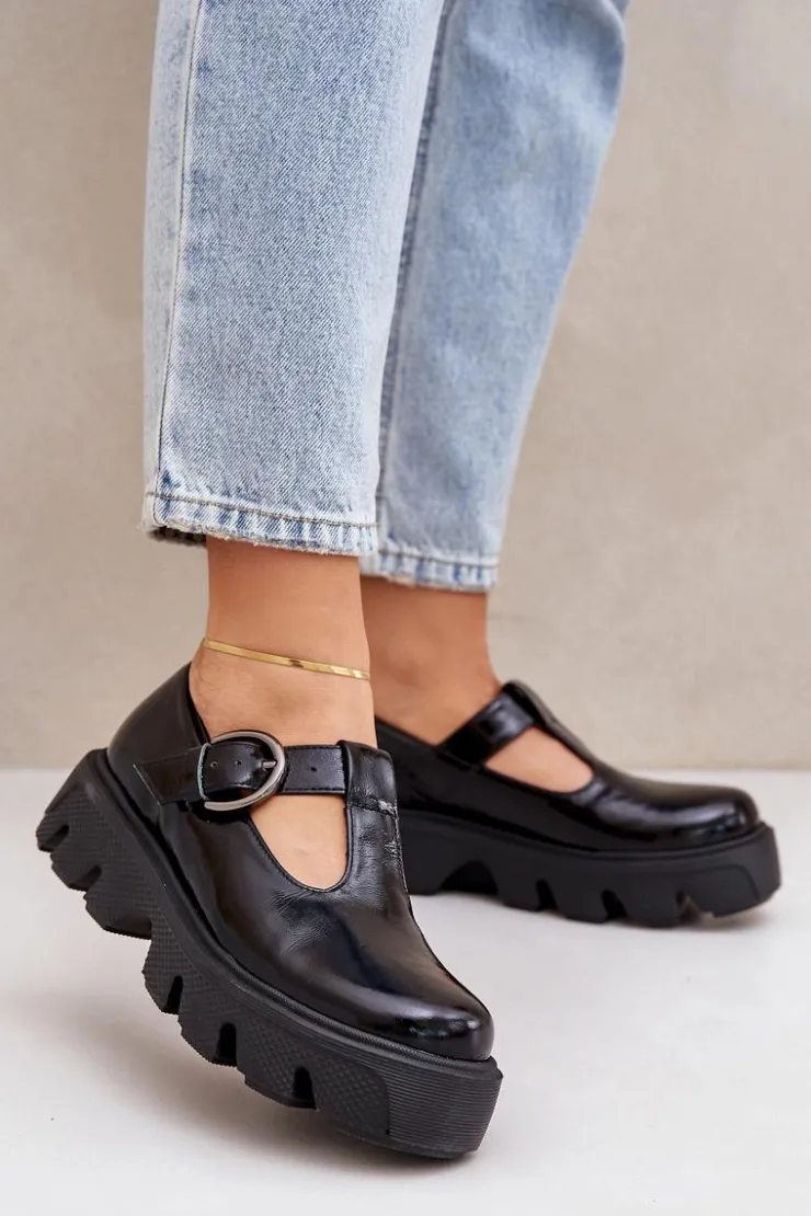 Damskie Zazoo Lakierowane Skórzane Półbuty Z Klamrą 20183 Czarne