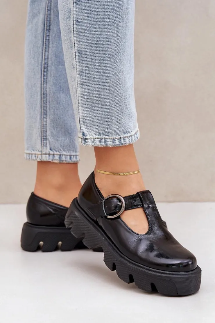 Damskie Zazoo Lakierowane Skórzane Półbuty Z Klamrą 20183 Czarne