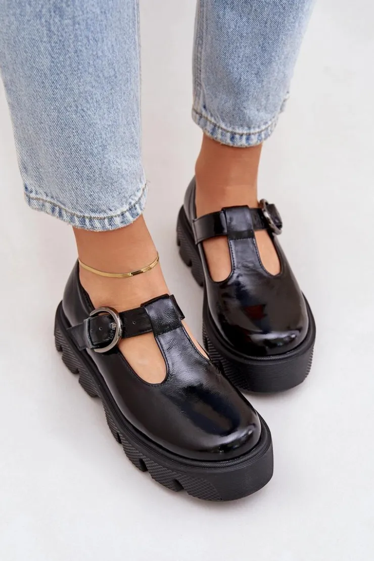 Damskie Zazoo Lakierowane Skórzane Półbuty Z Klamrą 20183 Czarne