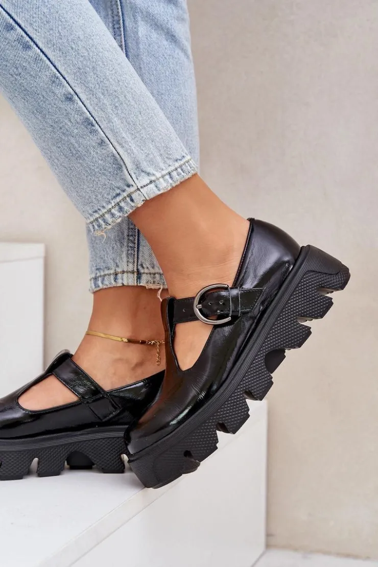 Damskie Zazoo Lakierowane Skórzane Półbuty Z Klamrą 20183 Czarne