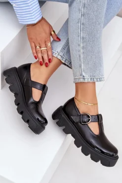 Damskie Zazoo Lakierowane Skórzane Półbuty Z Klamrą 20183 Czarne