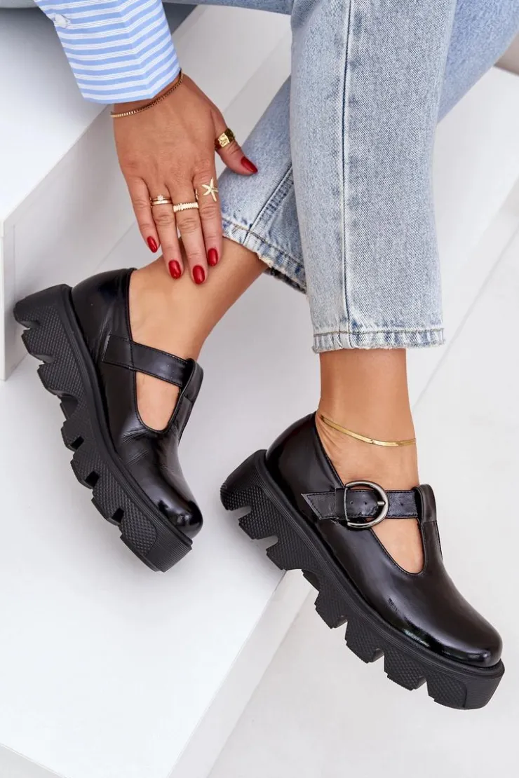 Damskie Zazoo Lakierowane Skórzane Półbuty Z Klamrą 20183 Czarne