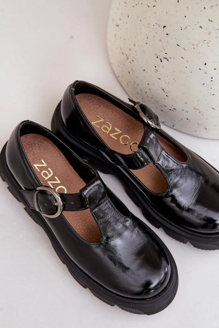 Damskie Zazoo Lakierowane Skórzane Półbuty Z Klamrą 20183 Czarne