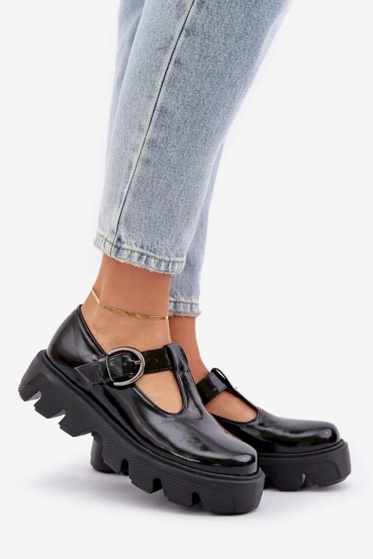 Damskie Zazoo Lakierowane Skórzane Półbuty Z Klamrą 20183 Czarne