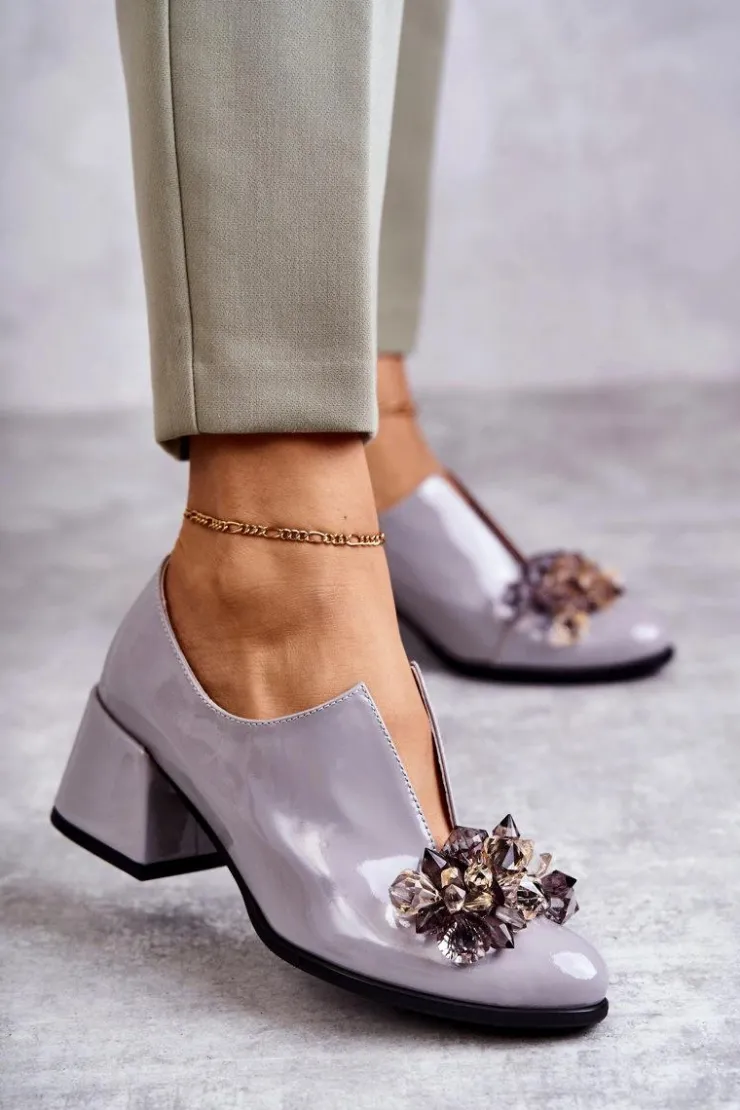 New Boto Lakierowane Skórzane Półbuty Gładkie Z Ciemną Ozdobą Szare Delaver