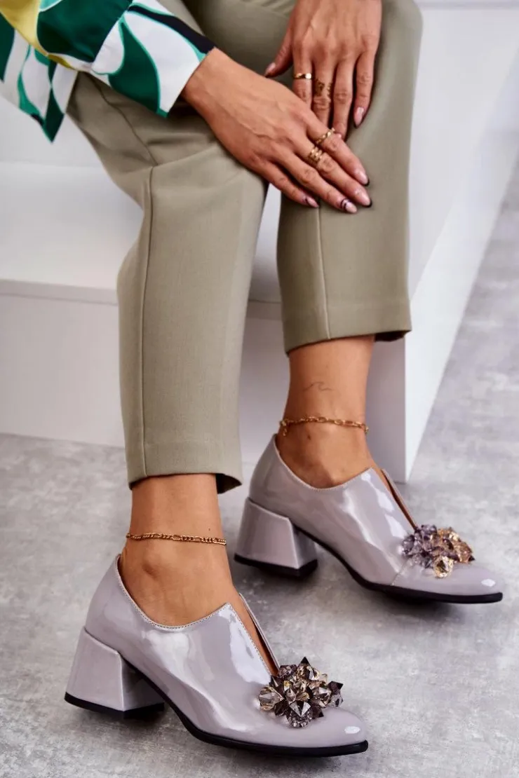 New Boto Lakierowane Skórzane Półbuty Gładkie Z Ciemną Ozdobą Szare Delaver