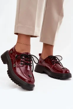 Discount Artiker Lakierowane Skórzane Półbuty Damskie Z Przypinkami 57C0336 Bordowe Czerwony