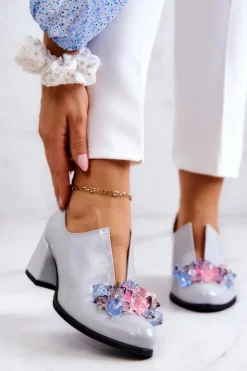 Damskie Boto Lakierowane Skórzane Półbuty Gładkie Z Ozdobą Szare Delaver