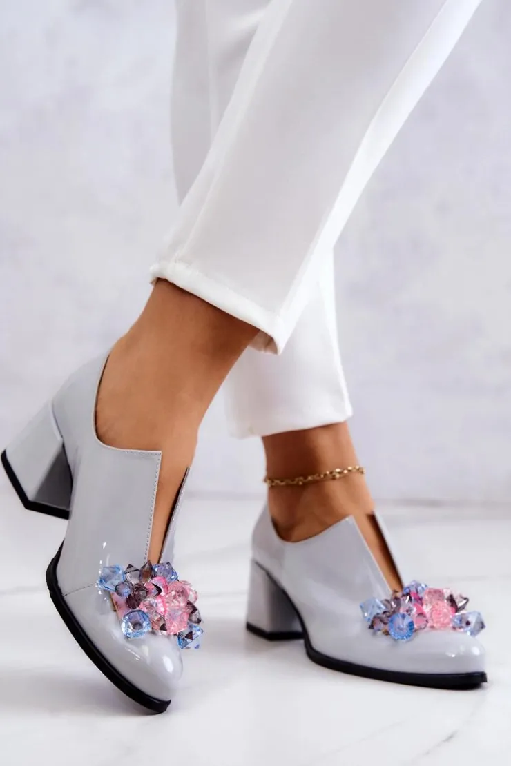 Damskie Boto Lakierowane Skórzane Półbuty Gładkie Z Ozdobą Szare Delaver