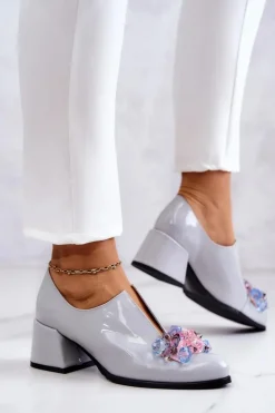 Damskie Boto Lakierowane Skórzane Półbuty Gładkie Z Ozdobą Szare Delaver