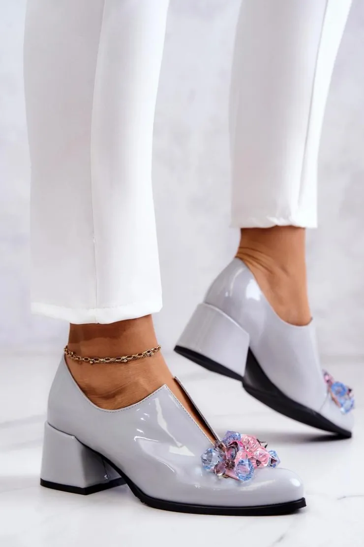 Damskie Boto Lakierowane Skórzane Półbuty Gładkie Z Ozdobą Szare Delaver