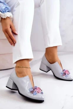 Damskie Boto Lakierowane Skórzane Półbuty Gładkie Z Ozdobą Szare Delaver