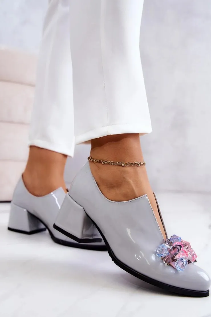 Damskie Boto Lakierowane Skórzane Półbuty Gładkie Z Ozdobą Szare Delaver