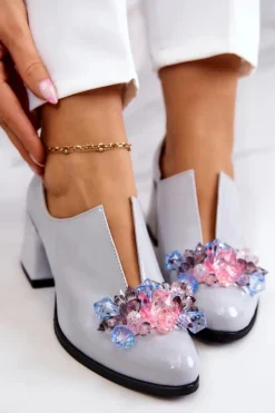 Damskie Boto Lakierowane Skórzane Półbuty Gładkie Z Ozdobą Szare Delaver