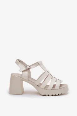 Buty damskie Vinceza Lakierowane Skórzane Sandały Damskie Na Słupku Vinceza 66621 Jasnobeżowe Beżowy