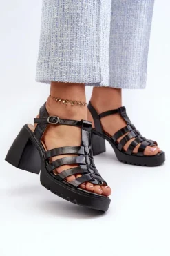 New Buty damskie Vinceza Lakierowane Skórzane Sandały Damskie Na Słupku Vinceza 66621 Czarne Czarny