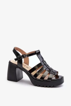 New Buty damskie Vinceza Lakierowane Skórzane Sandały Damskie Na Słupku Vinceza 66621 Czarne Czarny