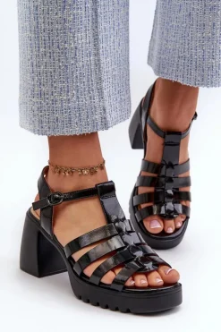 New Buty damskie Vinceza Lakierowane Skórzane Sandały Damskie Na Słupku Vinceza 66621 Czarne Czarny